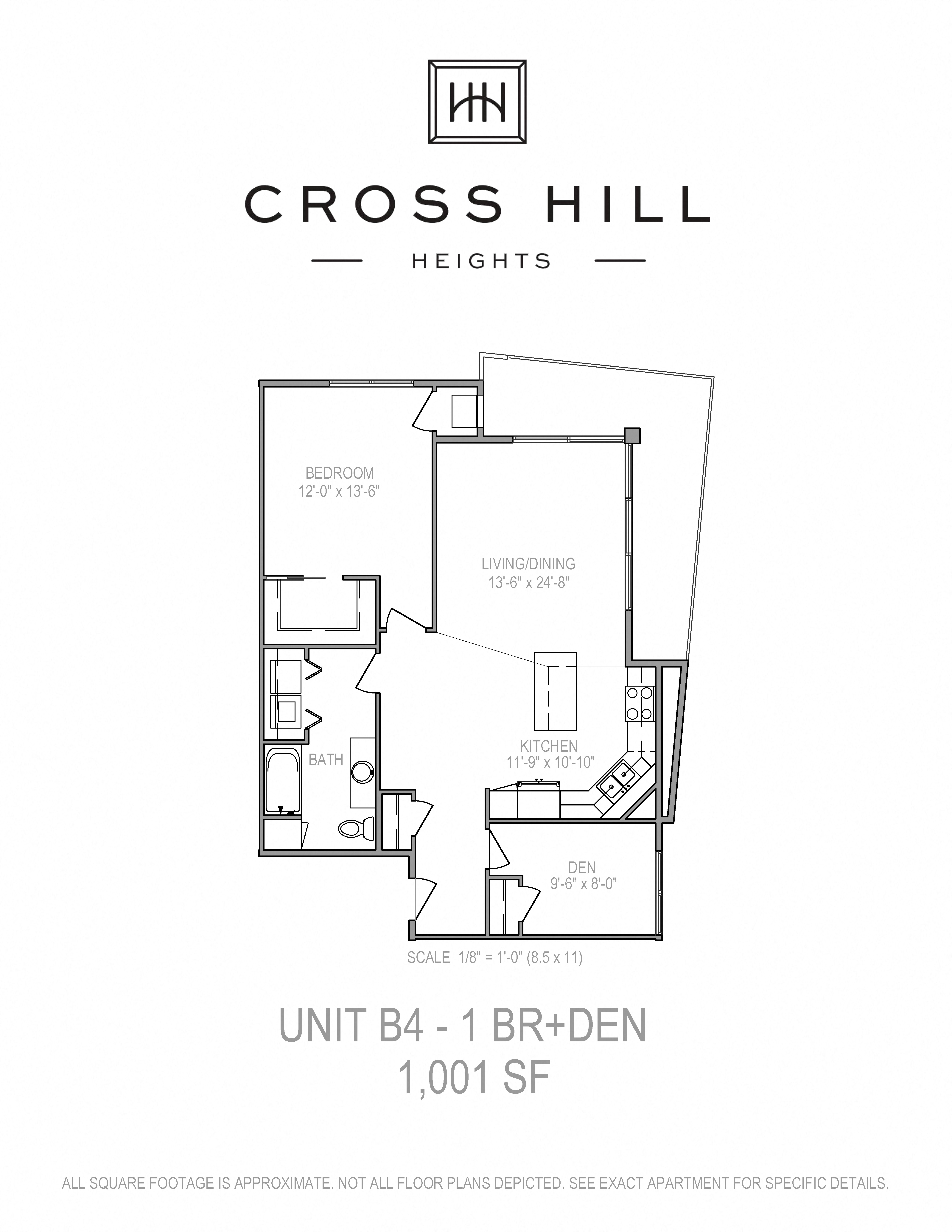 Floor plan for 1 bed, 1 bath, 1001 sqft